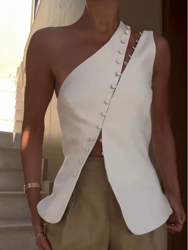 Clara™ | One-Shoulder Top with Sculptural Button Detail